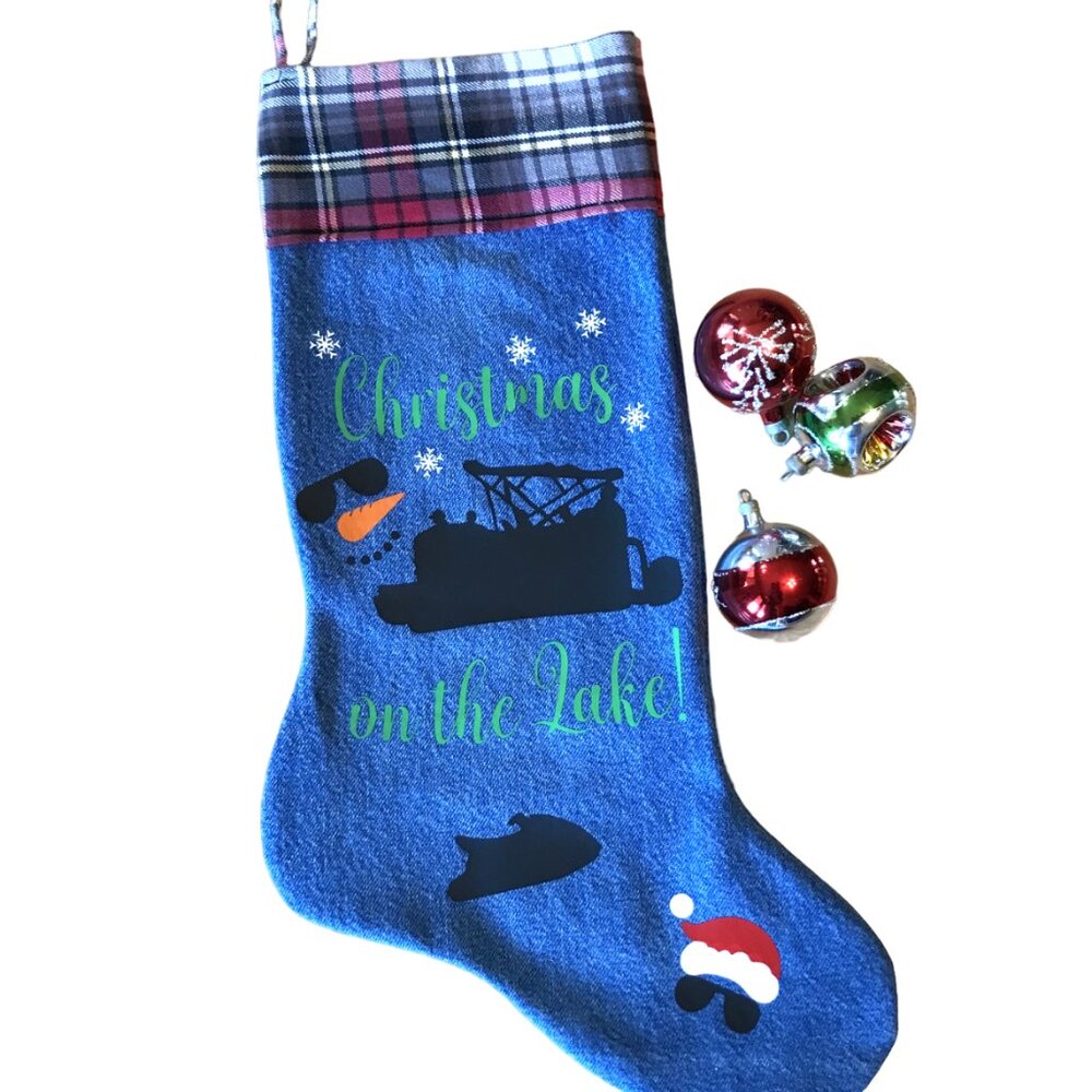 Denim Christmas Stocking: Lake House Fishing Decor, Pontoon Boat Jet Ski Graphic